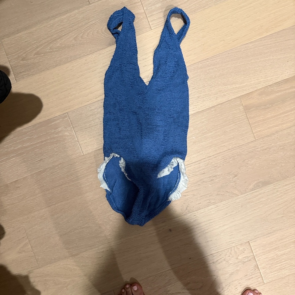 Hunza G Textured Blue One Piece with White Accents - Picture 2 of 2
